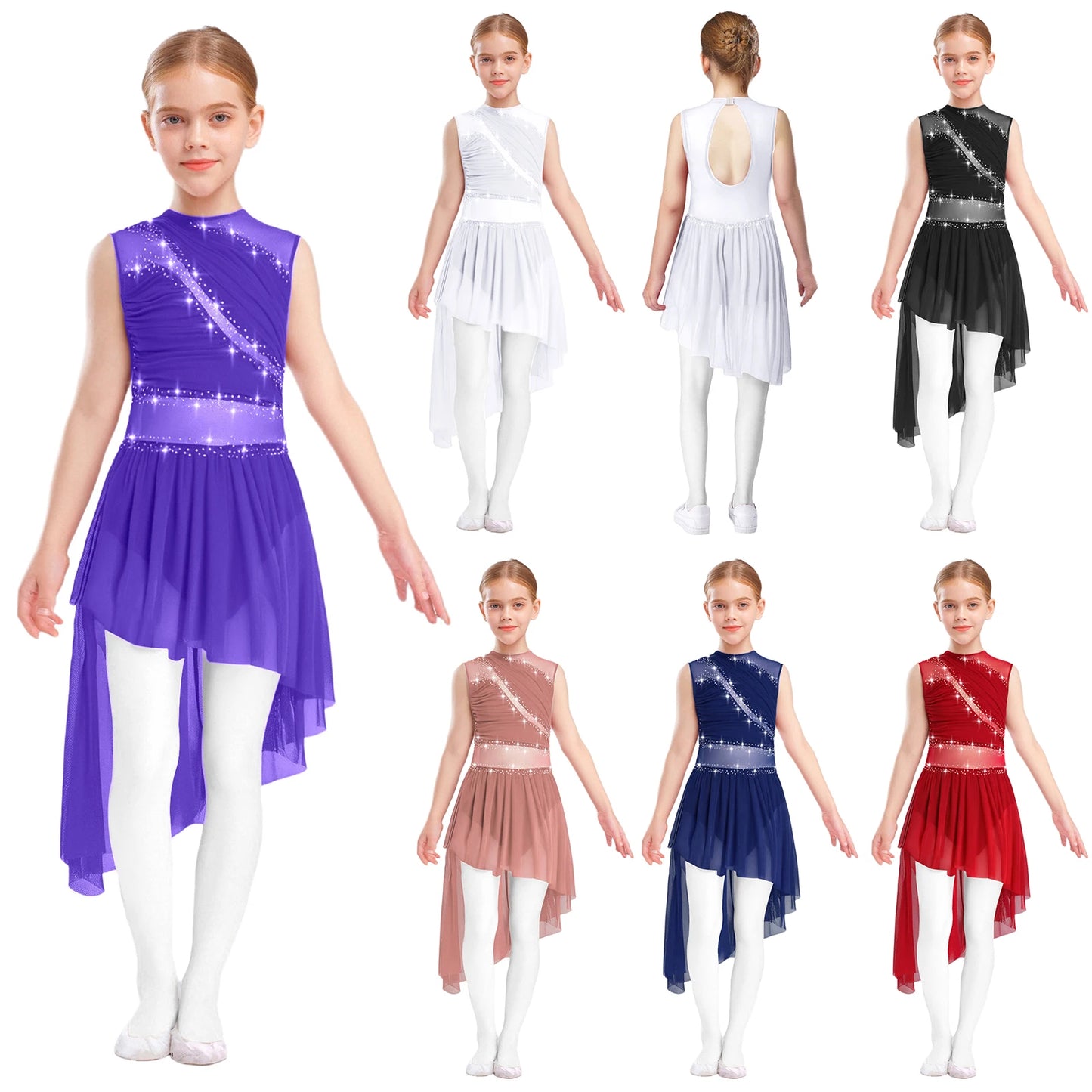 Kids Girls Ballet Dance Dress Figure Ice Skating Dancewear Open Back Asymmetrical Hem Rhinestone Sheer Gymnastics Leotard Dress