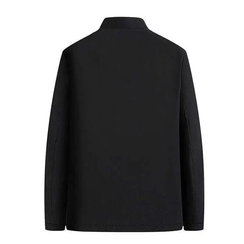 A stylish, cool and versatile solid color casual and trendy business jacket with a stand-up collar for senior dads