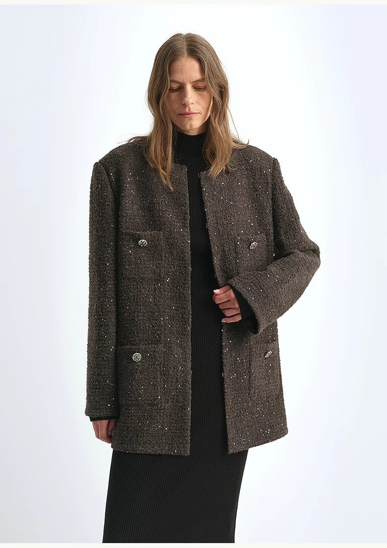 Circle Texture Sequined Wool Tweed Round Neck Long Chanel Style Coat