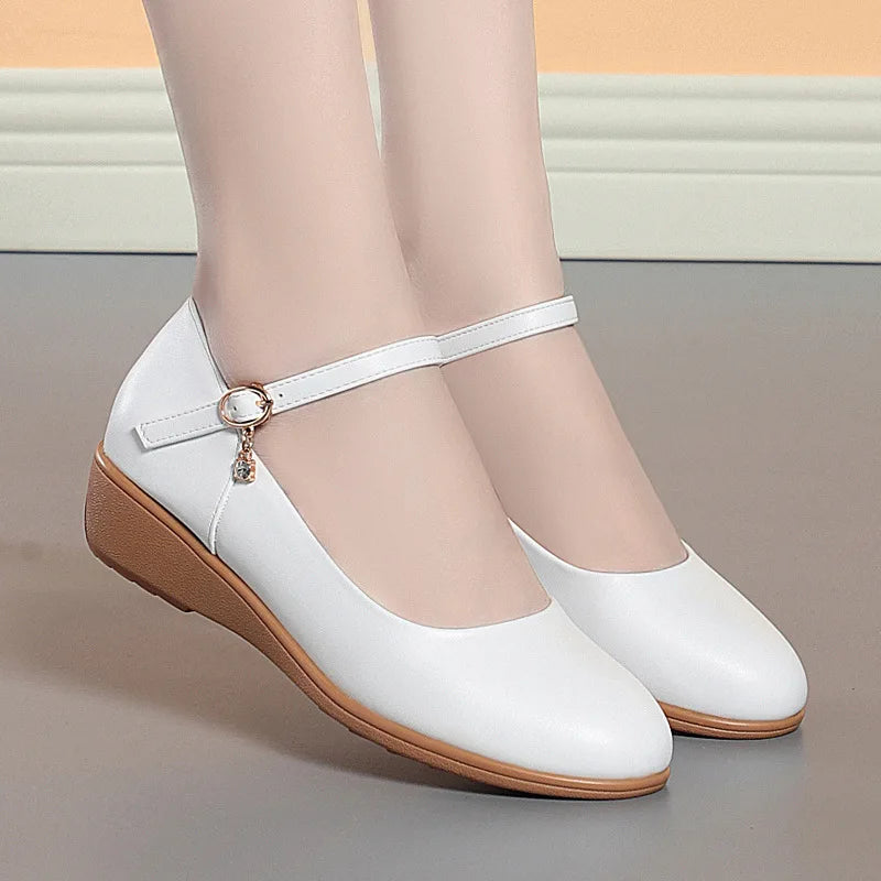 Classic White Soft Pu Leather Wedge Heel Shoes for Women Spring and Autumn New Comfortable and Versatile Work Shoes for Women