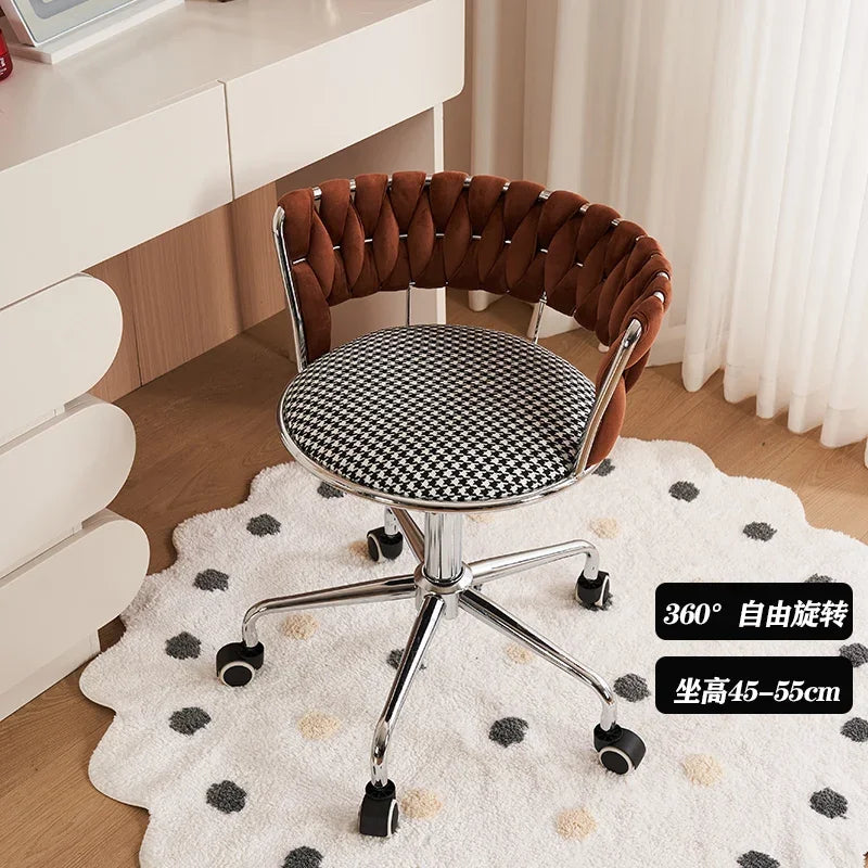 Nordic Makeup Chair With Woven Backrest, Houndstooth Pattern Seat For Bedroom,