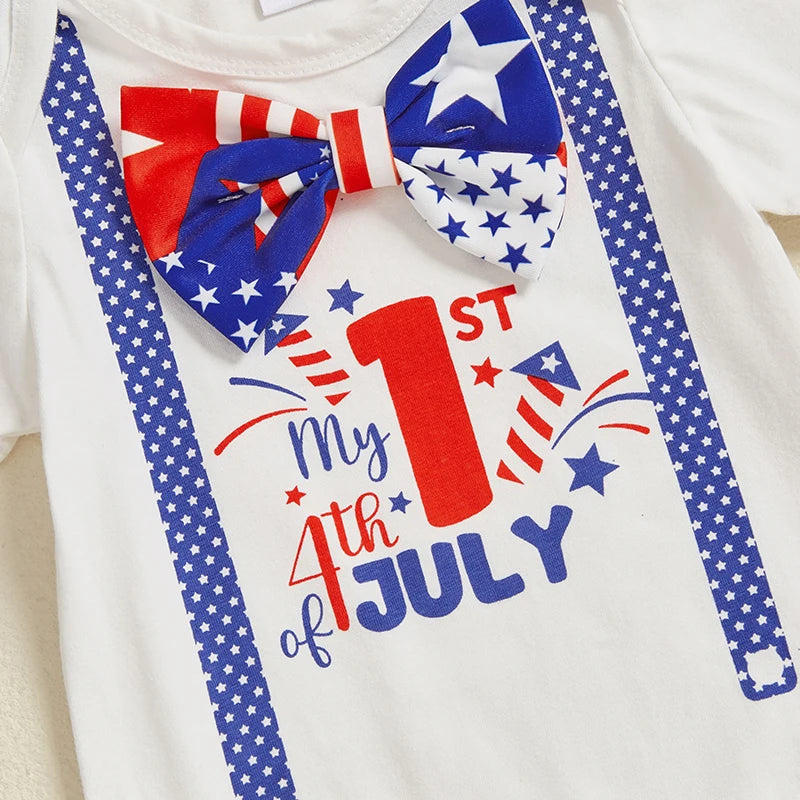 Baby Boys Patriotic Outfit Short Sleeve Jumpsuit and Elastic Star Stripe Shorts and Hat Set 3 Piece Clothes Set