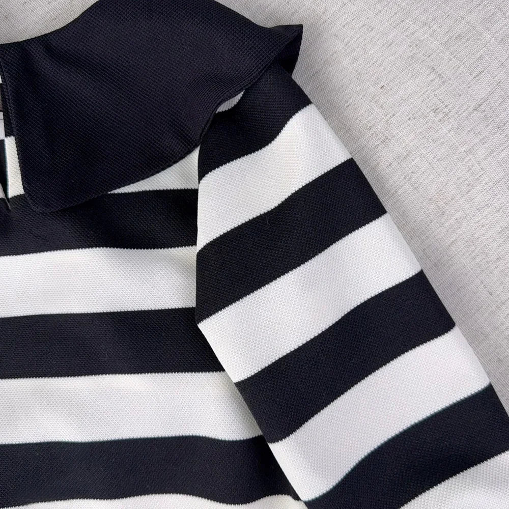 Black and White Fashion Korean Version Autumn New Girls' Casual Clothes Lapel Striped Long Sleeved Dress for Children Aged 3-7