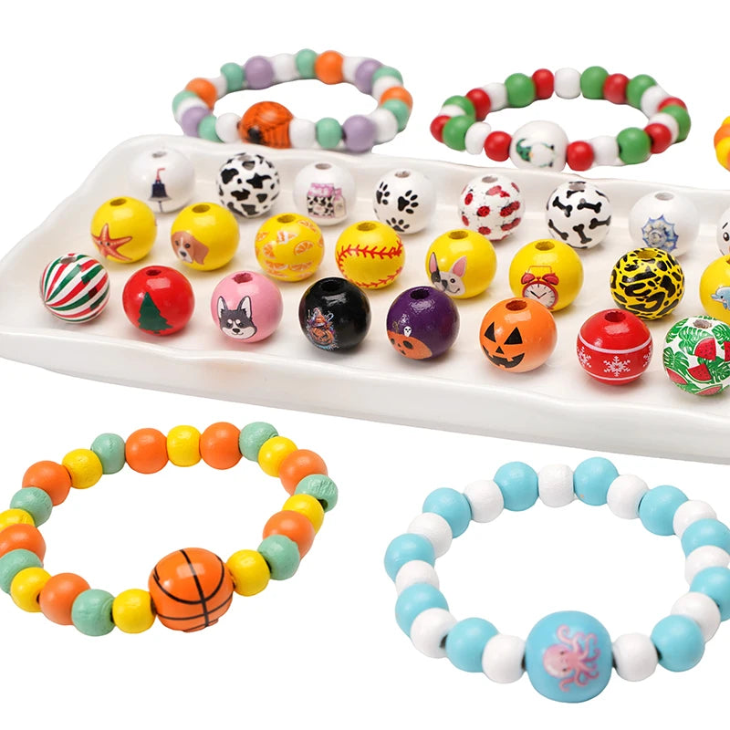 10Pcs 16/20mm Wooden Dog Paw/Christmas Pattern Round Beads Loose Spacer Beads To Make Bracelet Charms Jewelry Making Accessories