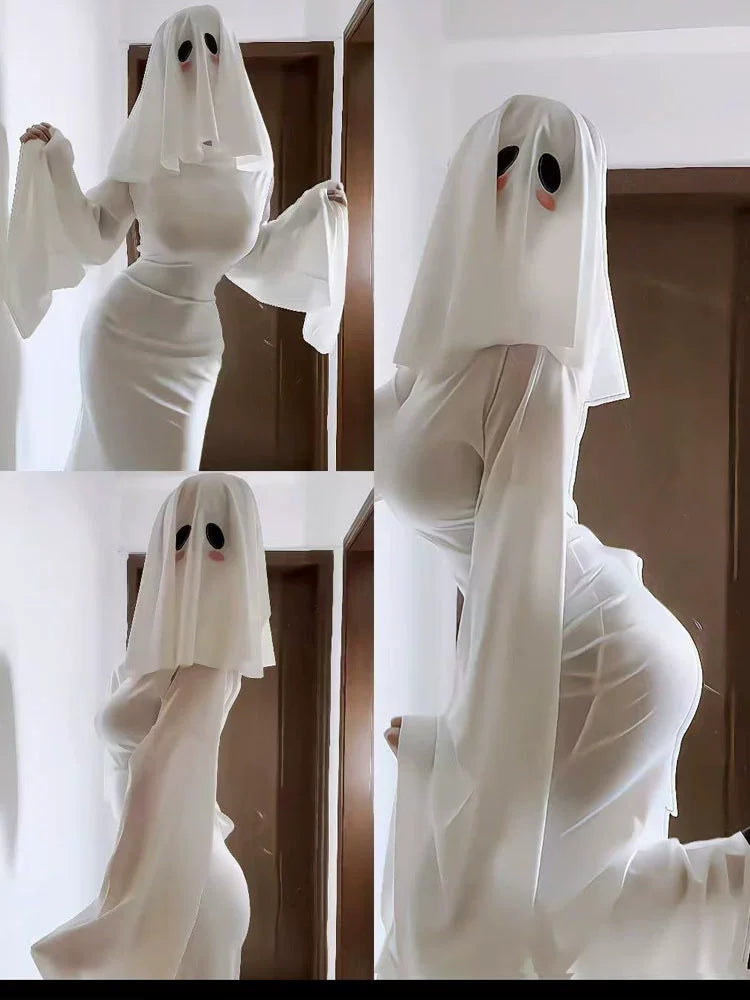 Halloween Anime Ghost Dress Bride White Sexy Dress Mask Party Tight Fishtail Skirt Women Cosplay Costume