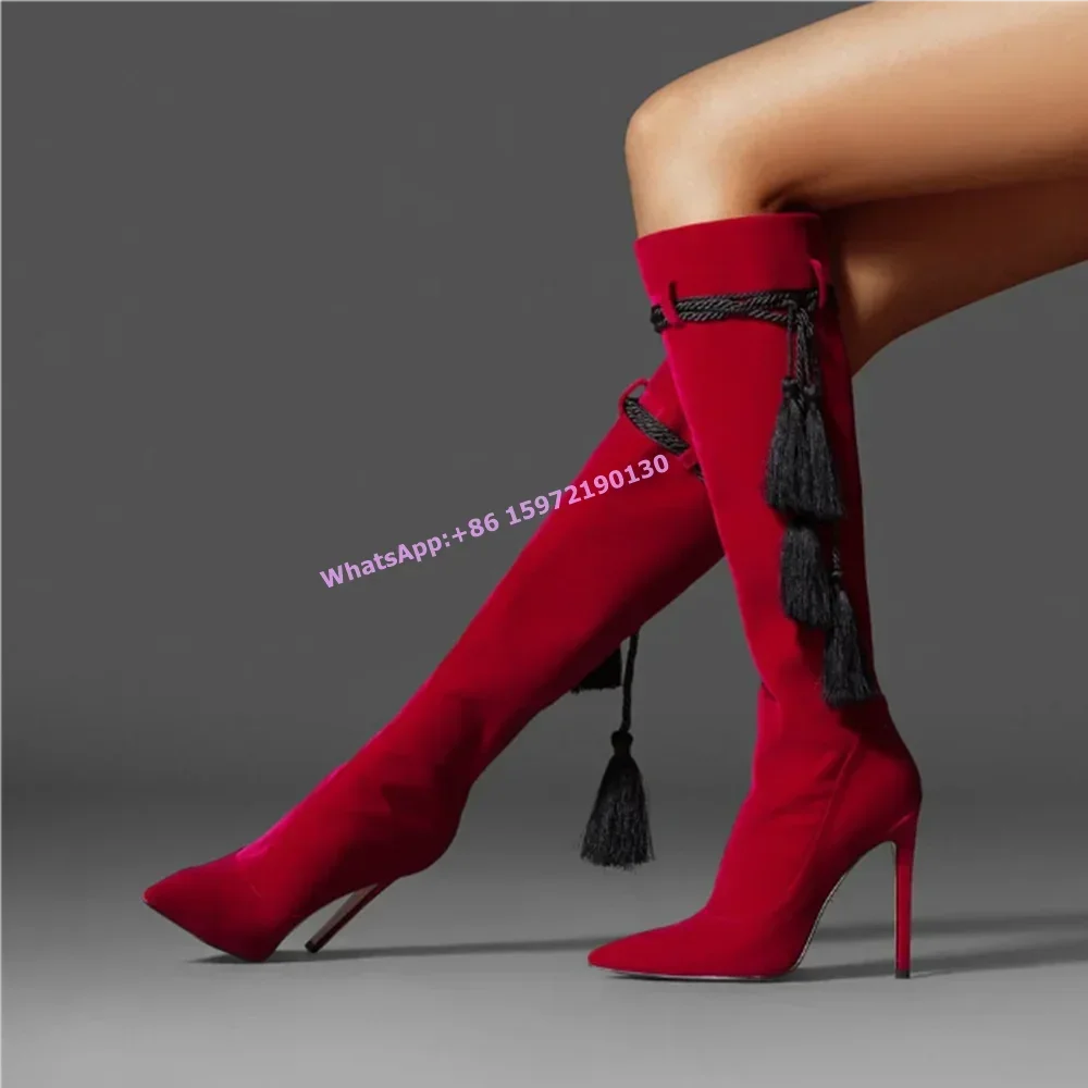 Winter Black Suede Red Fringed Boots Pointed Toe Twine Lace Up Slip On Stiletto Knee-Length Boots 2024 Runway New Design Shoes