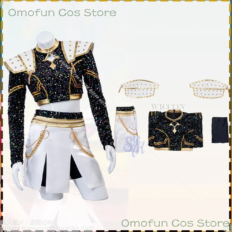 Huntrix Zoey Kpop Demon Cosplay Anime For GOLDEN Stage Uniform Black Coat White Mini Dress Kawaii Jirai Kei Girls Korea Idol Cos