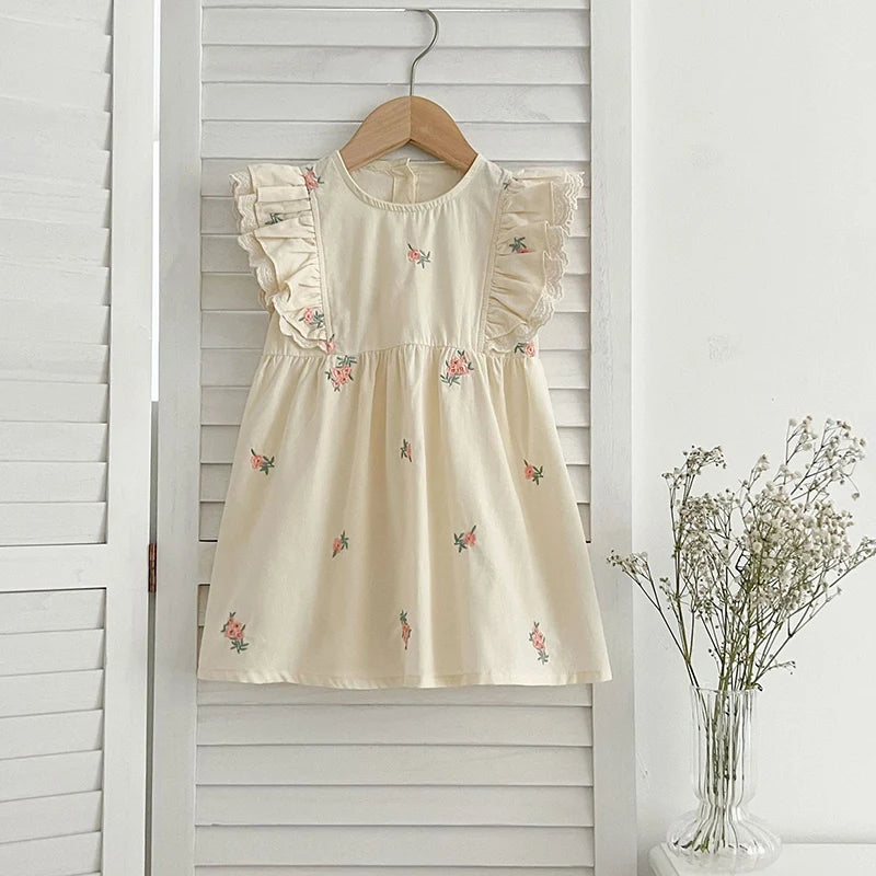 Summer Matching Sister Dress Outfit Baby Girls Clothes Girls Lace Flying Sleeves Dress Embroider Baby Girl Romper Princess Dress