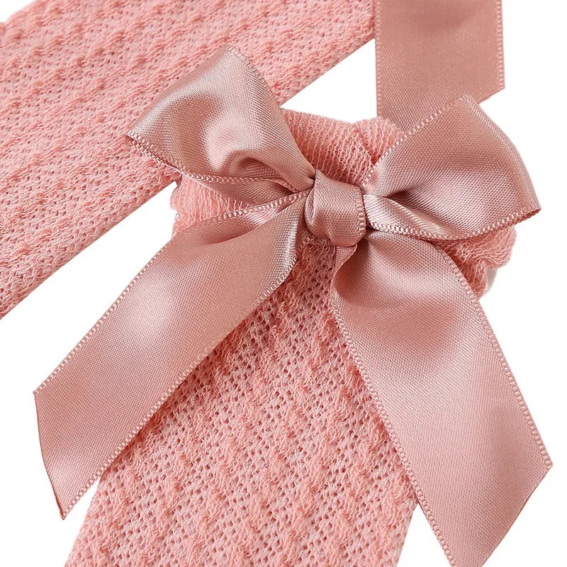 Newborn Baby Girl Knee High Socks Autumn Clothes Long Socks Thin Mesh Stockings with Bow for Infants Baby Items Clothing