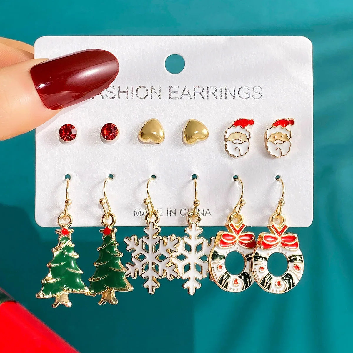 6 Pairs New Christmas Set Cross border Hot Selling Cartoon Dripping Oil Elk Santa Claus Christmas Tree Earrings for Women