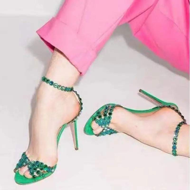 Big Size43 Crystal Embellshed High Heel Sandals Green Purple Suede Ankle Strap Dress Shoes Cutouts Celebrating Dress Shoes