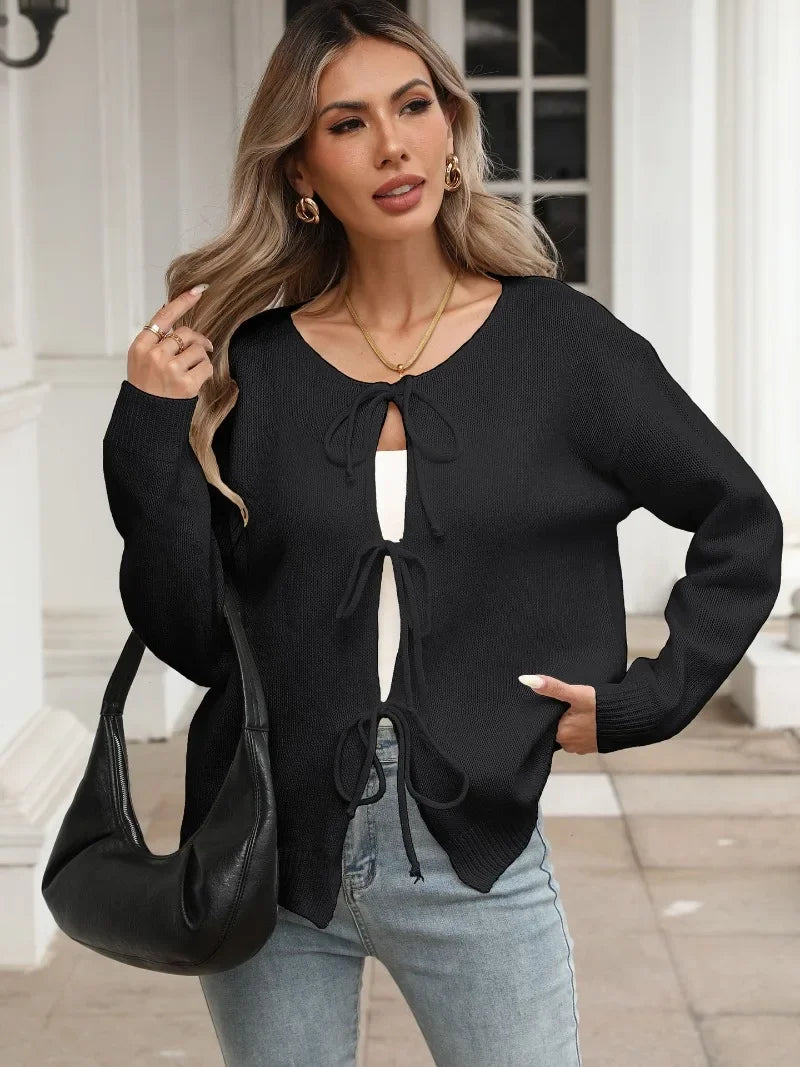 Elegant Women's Knit Cardigan with Decorative Bow Round Neck Casual Long Sleeve Cover Up Soft Chunky Sweater Coat