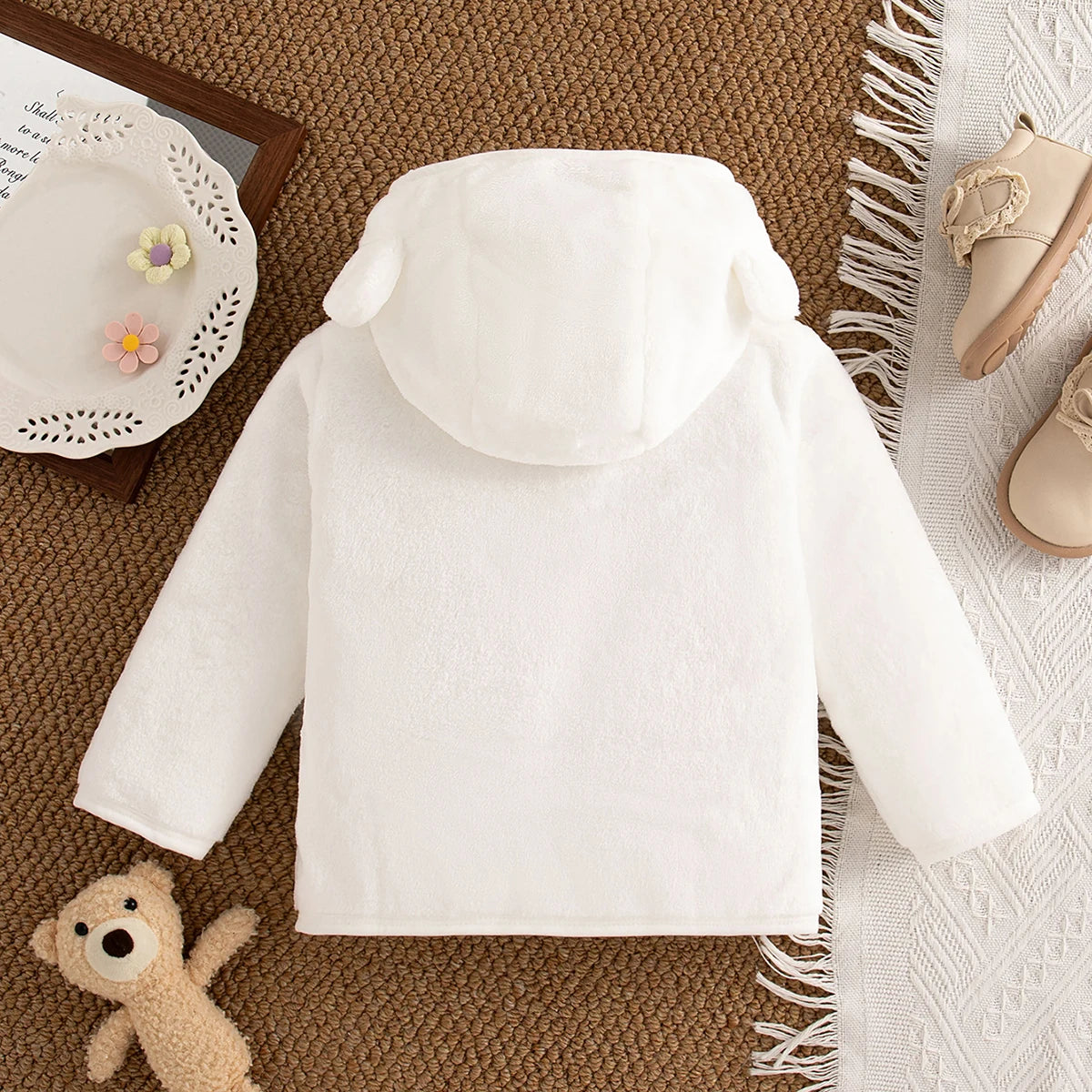 Autumn Winter Baby Girl Plush Coat Simple Zipper Hooded Long Sleeved Cotton Coat Girl Outward Keep Warm Clothes