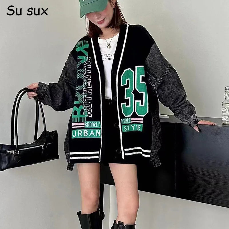 Denim Splicing Knitted Sweater Cardigan Jackets Woman Japanese Korean Fashion V Neck Oversized Coat Vestidos Y2k Clothes Outwear