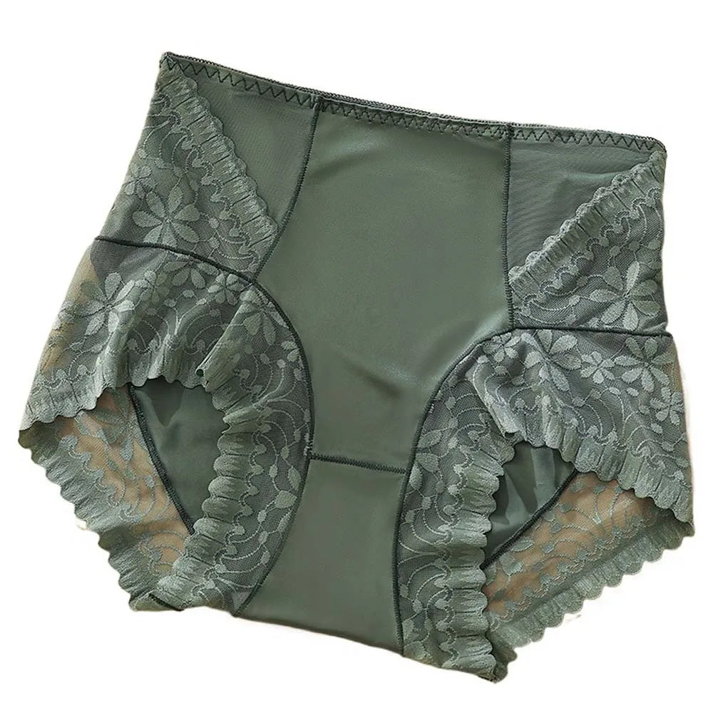 Satin Women Silk Panties Lingeries Belly Contracting Plus Size Briefs High Waist Solid Color Ice Silk Lace Underpants Girls