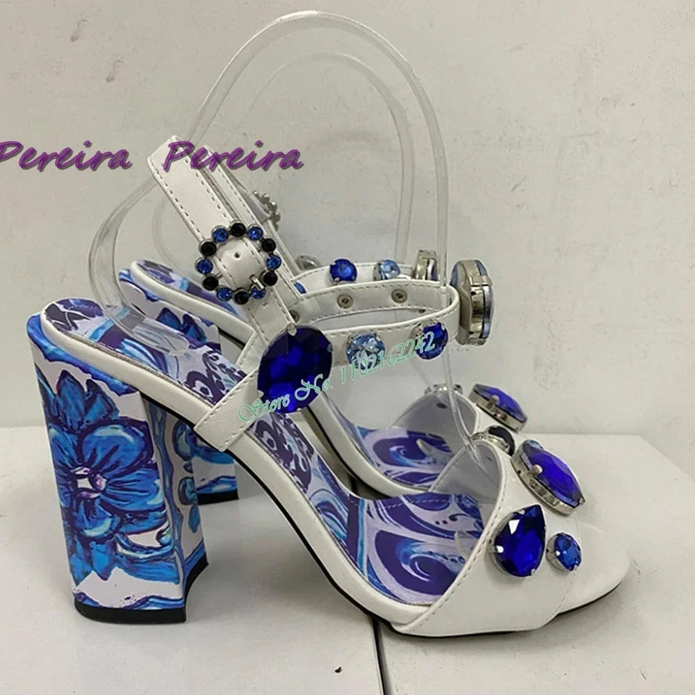 Classic Colorful Gemstone Sandals Crystal Open Toe Chunky Heel Buckle Strap High Heel Flower Designer Women Dress Party Shoes