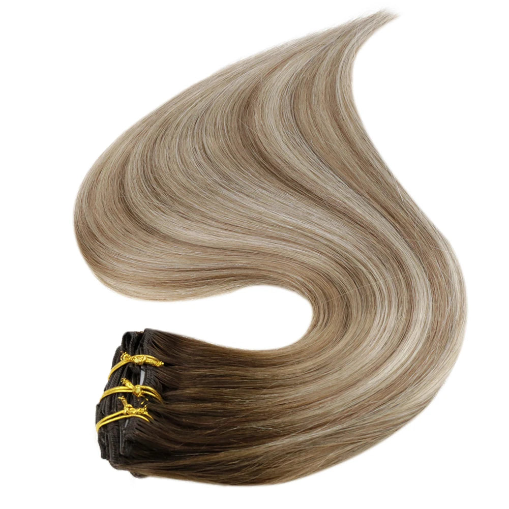 Full Shine Clip in Remy Hair Extensions Double Wefted Extension Blonde Highlight Ombre 100% Remy Human Hair Extensions Full Head