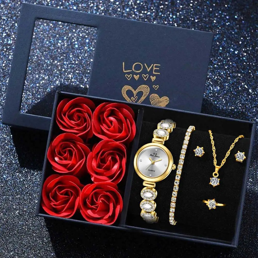 6PCS Fashion Women's Watch Set Fashion Simple Style Round Dial Quartz Watch Bracelet Necklace Earring Set Perfect Gift Set