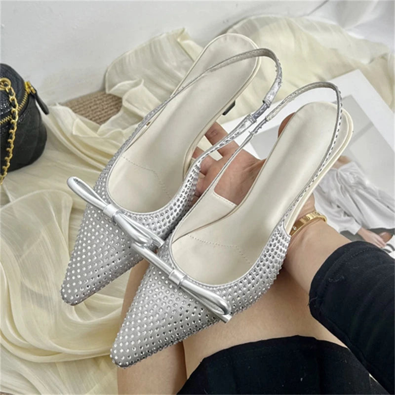 Eilyken Designer Silk CRYSTAL Pumps Women Sexy Pointed Toe Low Thin Heels Wedding Banquet Dress Mule Elegant Ladies Shoes