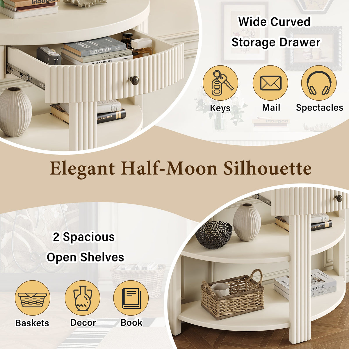 Fluted Half Moon Console Table with Drawer and 2 Shelves for Entryway,
