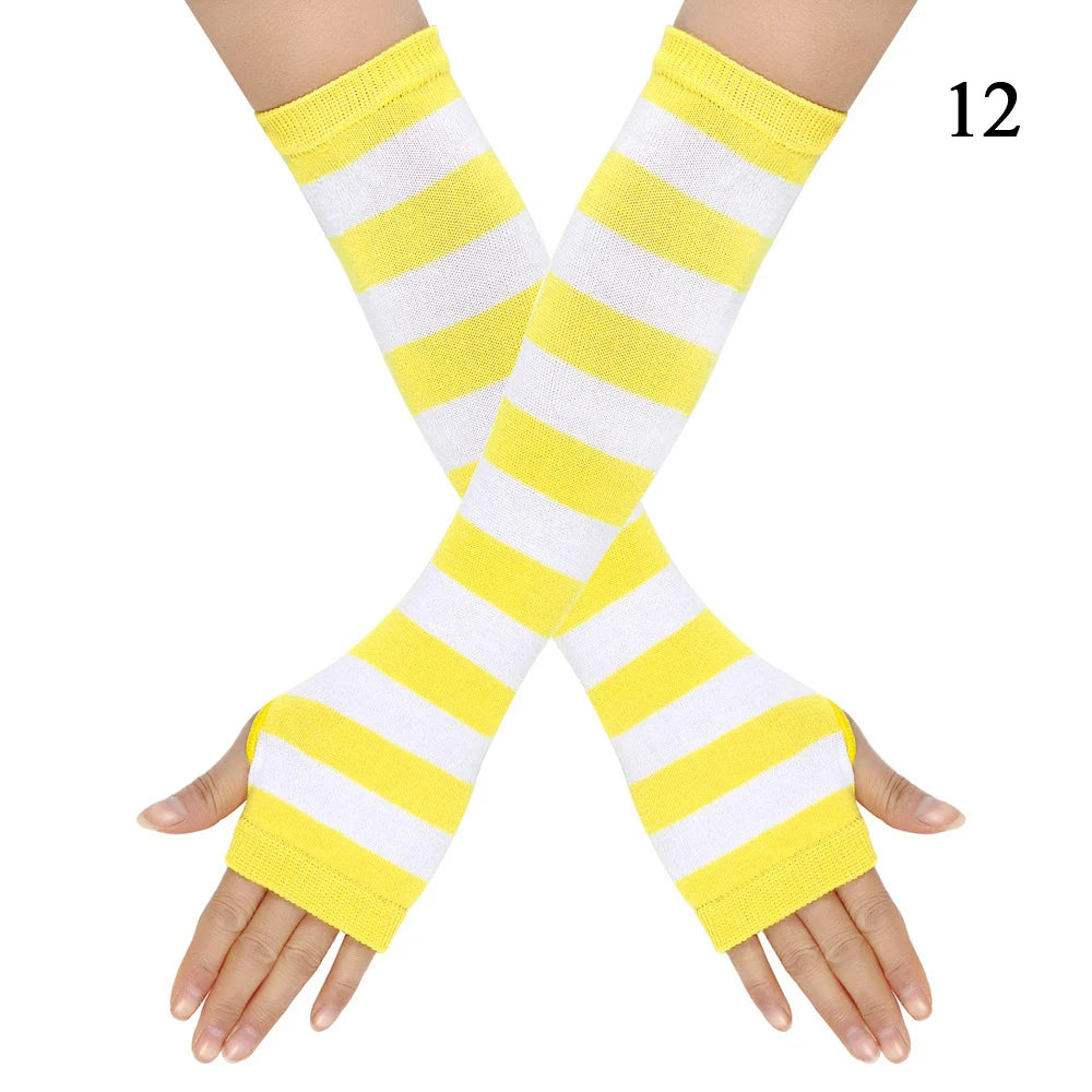 Macaroon Color Striped Long Sleeves Fashion Punk Long Fingerless Gloves For Women Men Outdoor Christmas Ornament  Arm Warmer