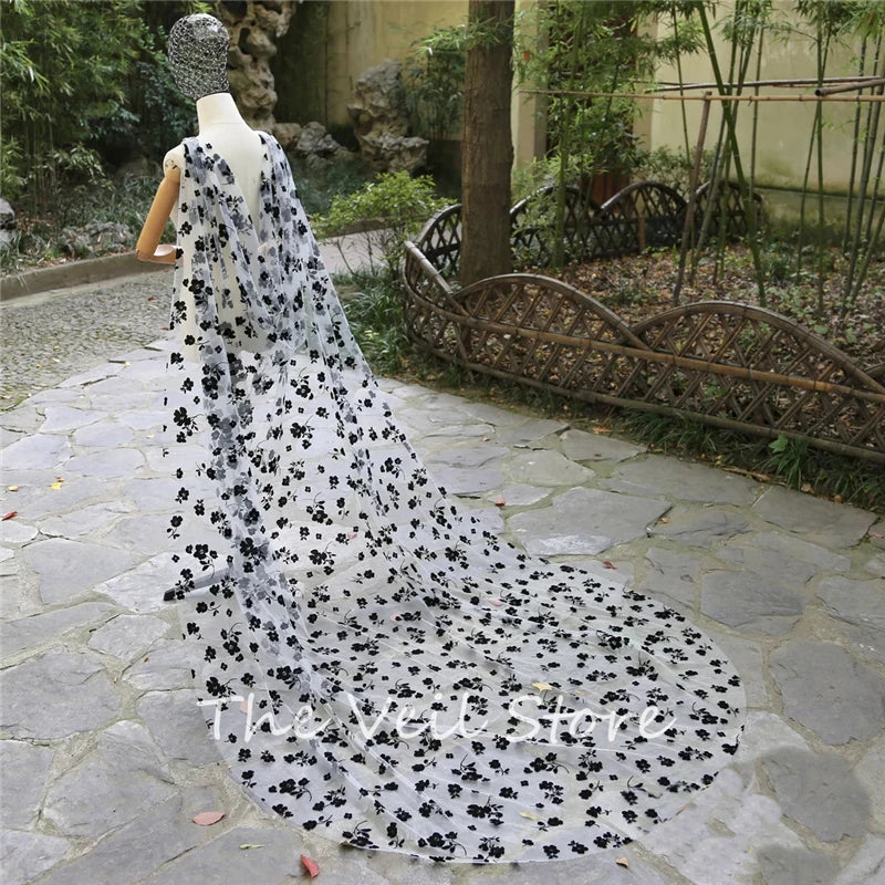 Flocking Tulle White And Black Bridal Cape Draped Shoulder Veils Wedding Shrugs For Brides Floral Cathedral Long With Clips New