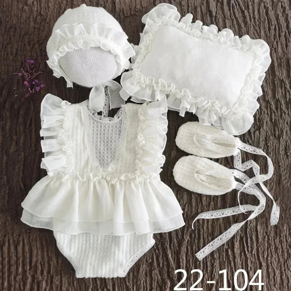 Baby Photography Clothes Cute Princess Style Lace Hat+Posing Pillow+Romper+Shoes Sets Decor Newborn Photoshoot Accessories