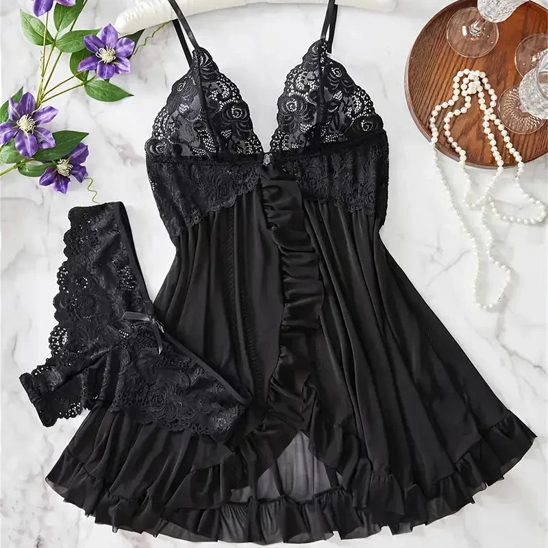 Blue Lace Transparent Deep V Bra Pajamas Sexy Lingerie For Women Babydolls Dress Sleepwear Set Erotic Underwear Exotic Costumes