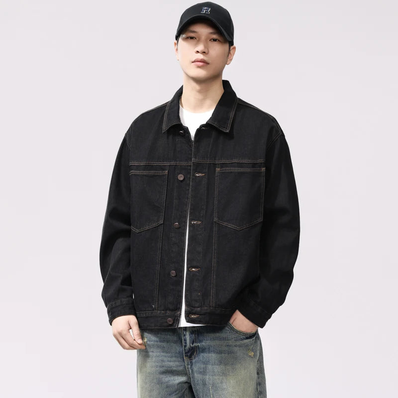 American Vintage Japanese-Style Raw Washed Black Denim Jacket - Relaxed Fit Casual Workwear Coat 100% Cotton Plus Size 4XL