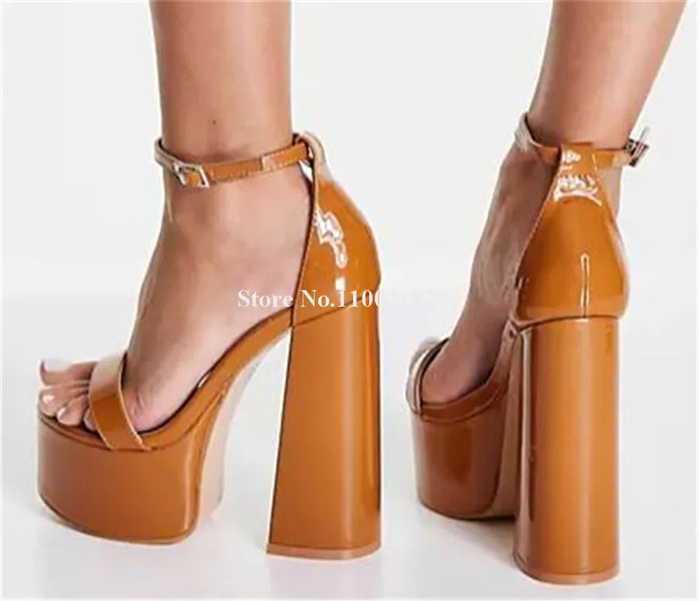 Ladies Sexy High Platform Block Heel Sandals Open Toe Gold Black Brown Patent Leather Chunky Heel Dress Shoes Party Pumps