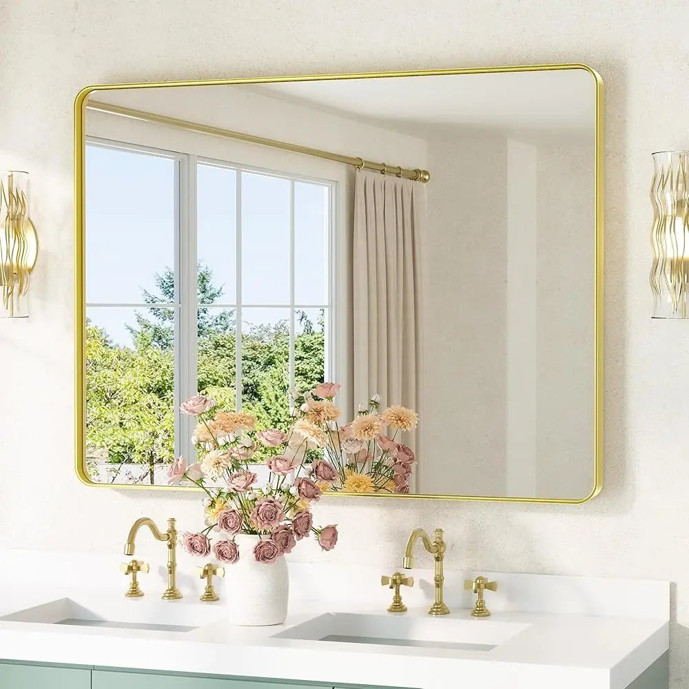 Gold Bathroom Mirror 40 X 30 H Brushed Gold Metal Framed Vanity Mirror, Tempered Glass, Wall Mounted For Bathroom, Entryway,