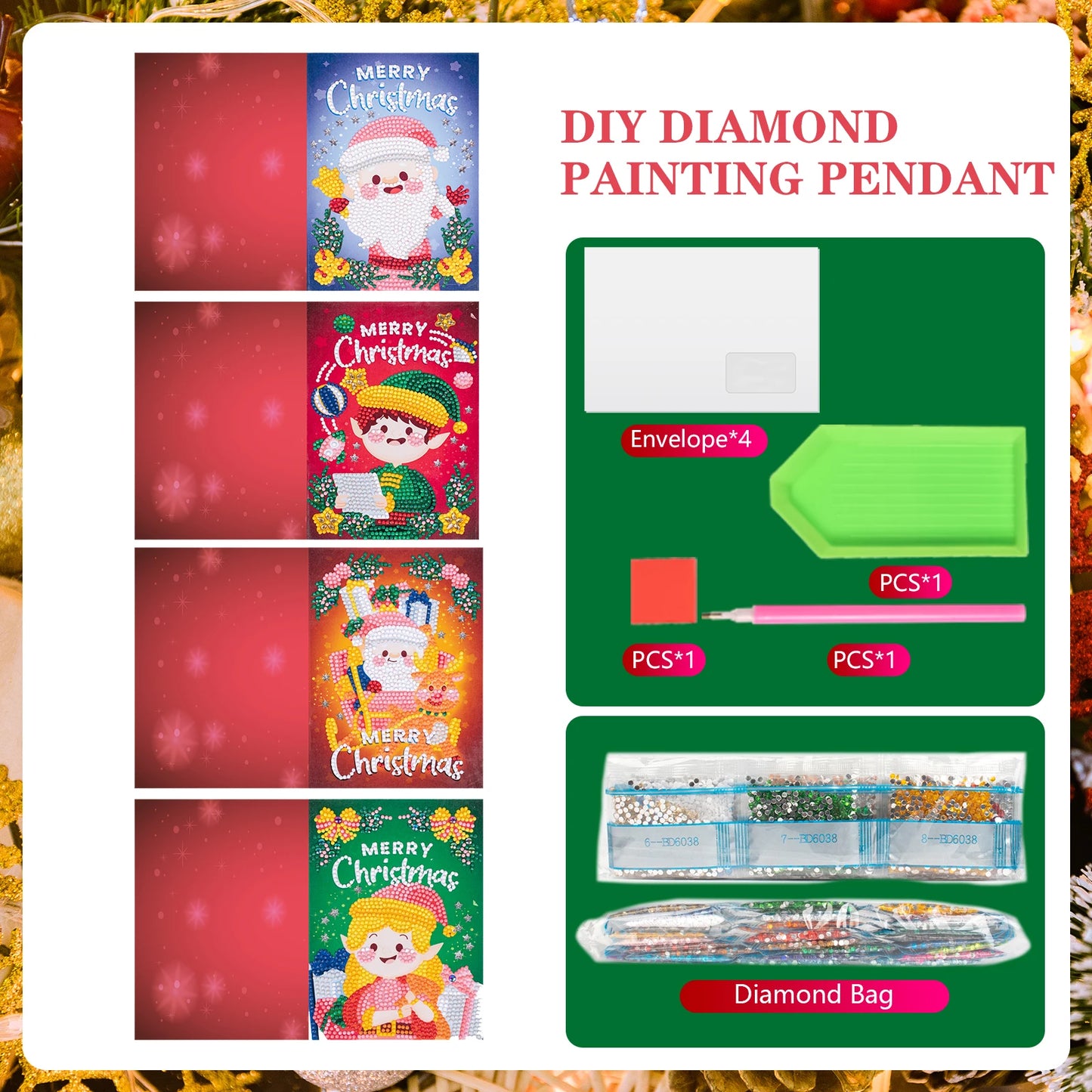 4 pcs Diamond Art Painted Greeting Card, Christmas Balloon 5D DIY Special Shape Diamond Card Creative Gift