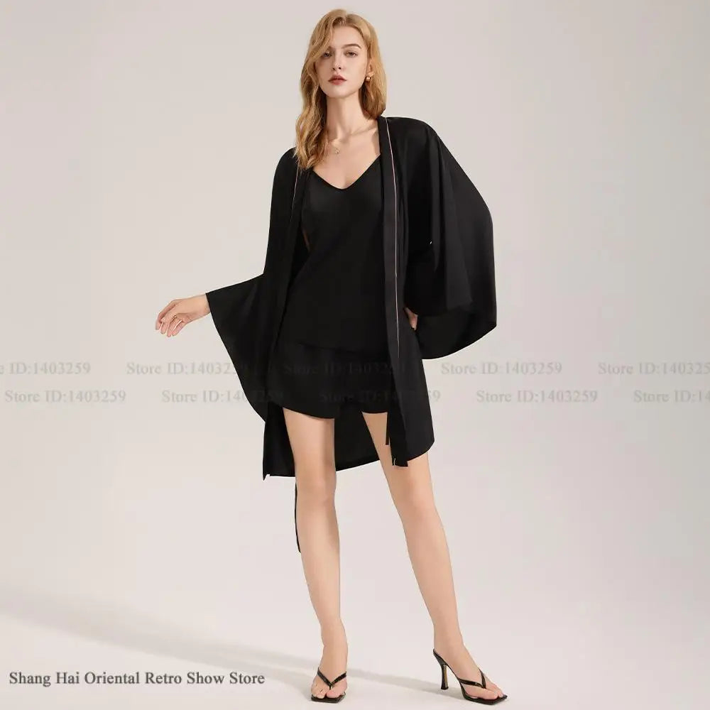 New Female 3PCS Robe Pajamas Set Sleepwear Sexy Lingerie Trap Top&shorts Homewear Loose Casual Black Ice Silk Pijamas Loungewear