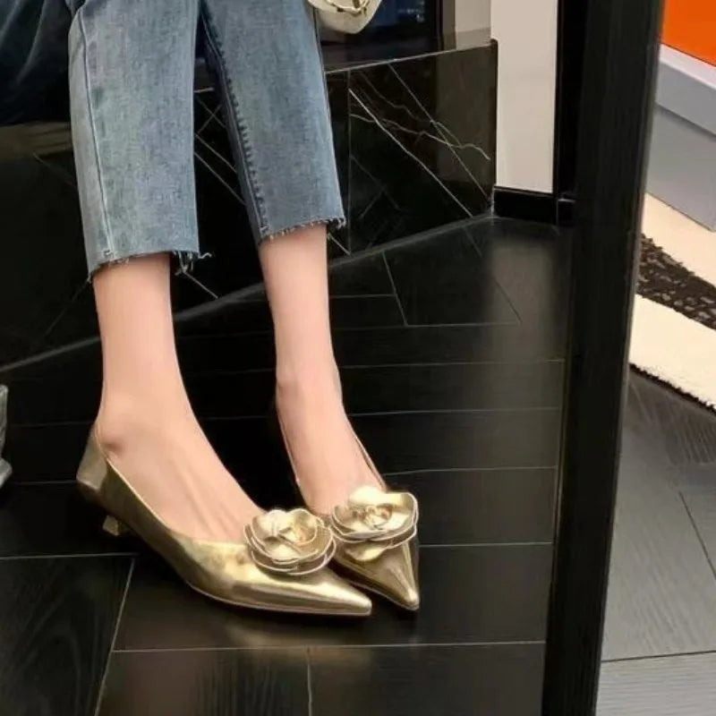 Stiletto Single Shoes Autumn New Pointed Toe Shallow Mouth Flower Slip Anti-slip Wear-resistant Low Heel Shoes