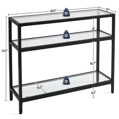Console Table, Metal Frame and Tempered Glass Sofa Table with 3 - Layer Storage Shelves for Living Room, Entryway, Corridor, Hallway, Black