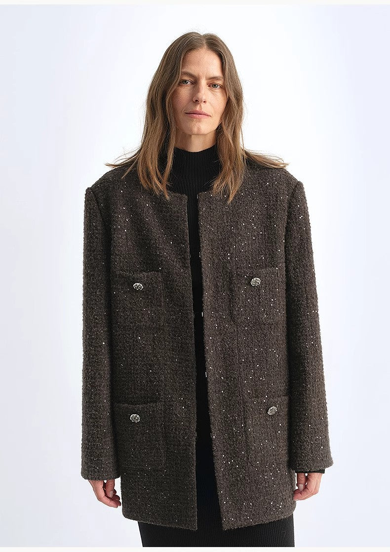 Circle Texture Sequined Wool Tweed Round Neck Long Chanel Style Coat