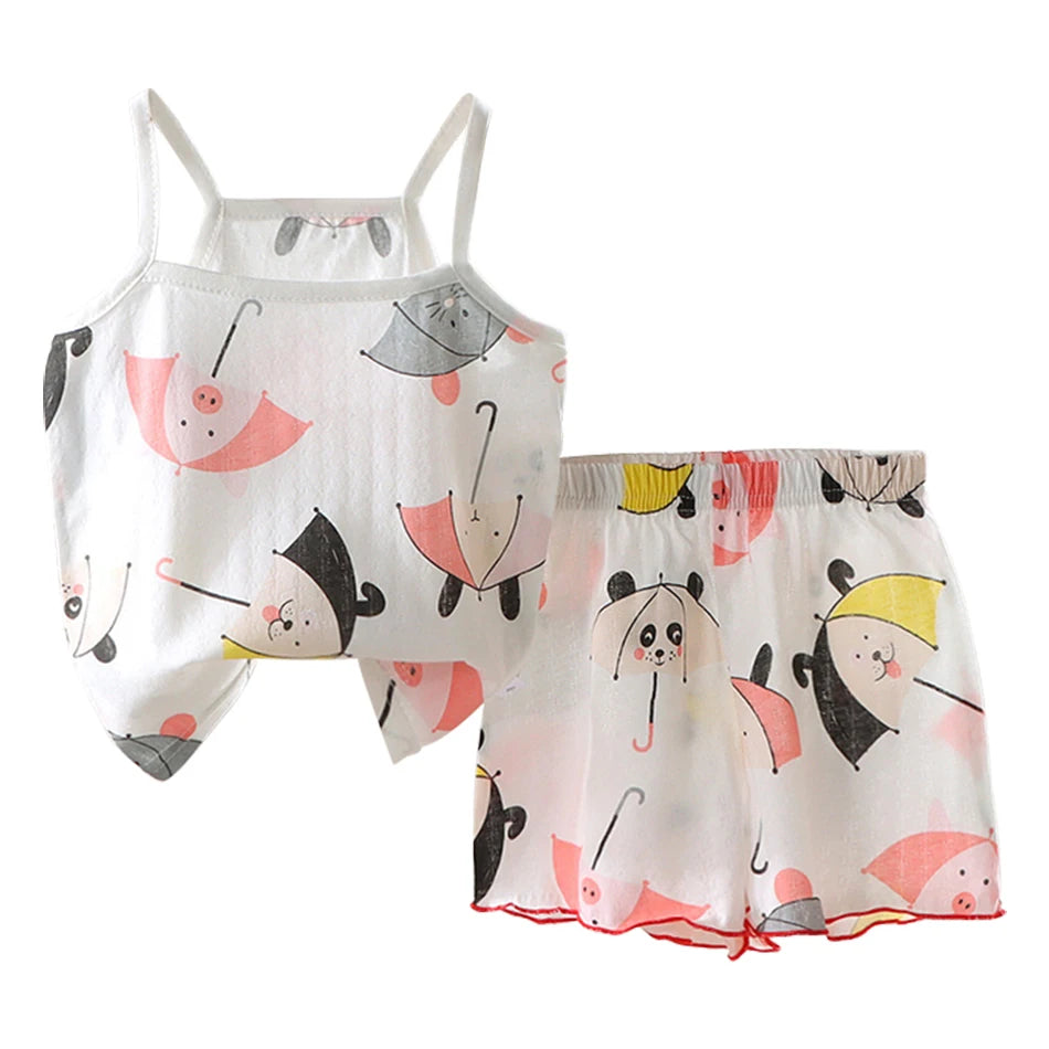 Summer Girls Sleeveless Children's Pajamas Sets Strap Sleepwear Pants Skirt Thin Kids Baby Loungewear Set Children's Top Clothes