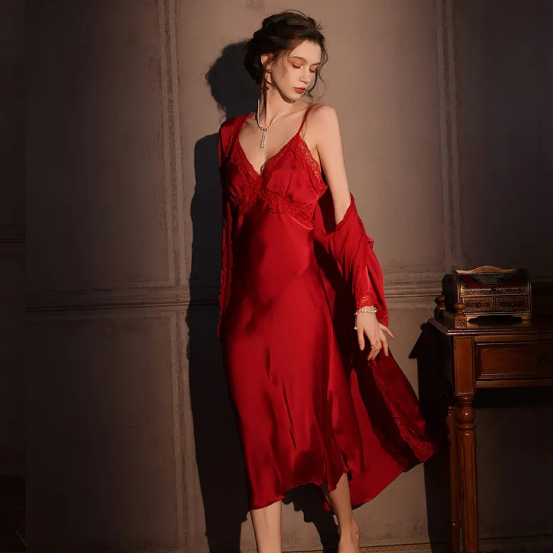 Elegant Female Twinset Robe Set Long Kimono Bathrobe Gown Sexy Lace Nightgown Lingerie Spring Autumn New Sleepwear Home Dress