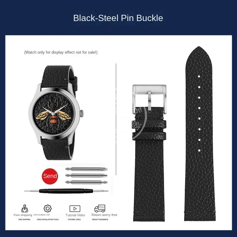watch band For GUCCI YA1264065 Little Bee Embroidered Gucci Men's and Women's Green Genuine Lea/ther Watch Strap 20mm Bracelet