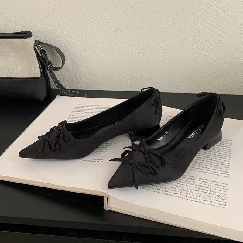 Butterfly-Knot Fashion Pointed Toe Ladies Heels Pumps Shoes 2025 New Silk Female Slip On Footwear Shallow Women Low Heel Shoes
