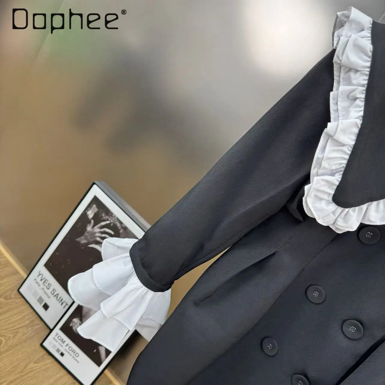 Autumn New Fashion Elegant Lapel Double-Breasted Ruffle Patchwork Blazer Women Korean Chic Trend Loose Slim Mid-Length Blazer