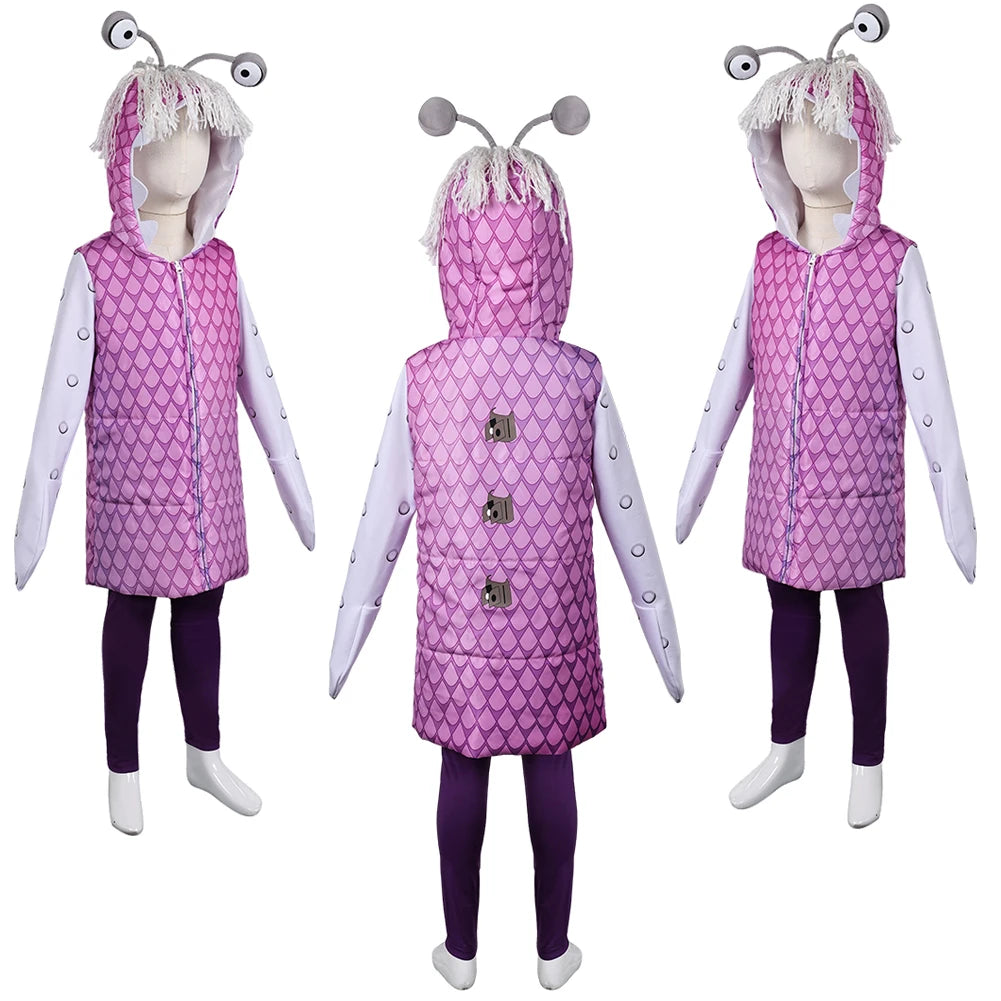 Kids Cartoon Monsters Inc Boo Cosplay Purple Costume Hooded Coat Pants Monsters Hat Girls Halloween Roleplay Outfits Party