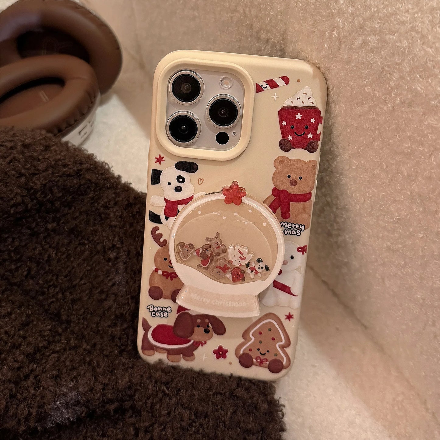 ins Cute Cartoon Doll Christmas Quicksand Shake Bracket Phone Case For iPhone 16 14 13 12 15 Pro Max Pendant Shockproof Cover