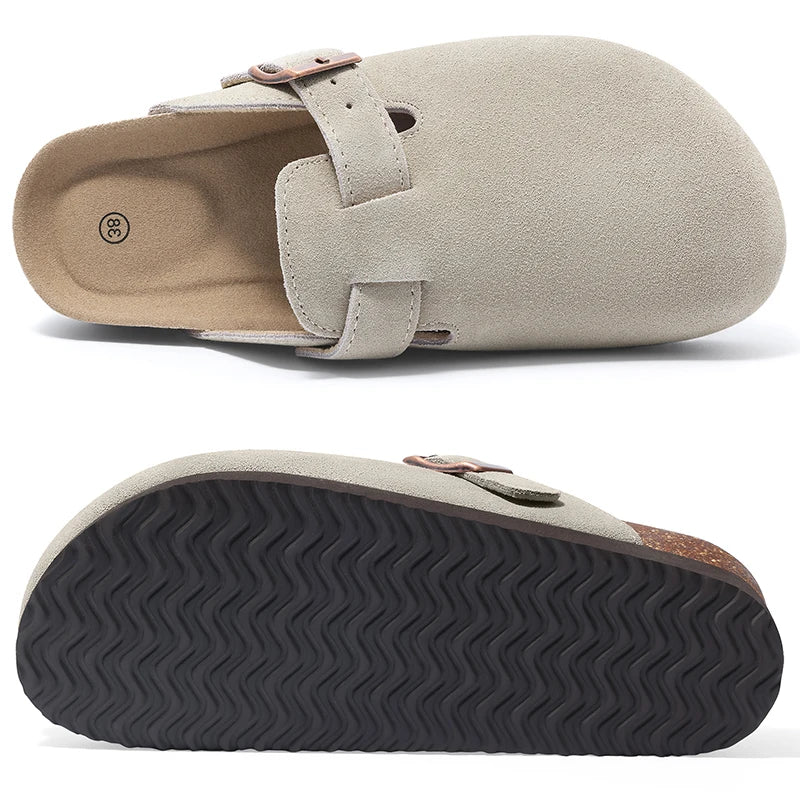 Smile Pop New Fashion Women's Suede Clogs With Back Strap Men's Leather Mules Cork Footbed Slip on Potato Shoes For Women & Men