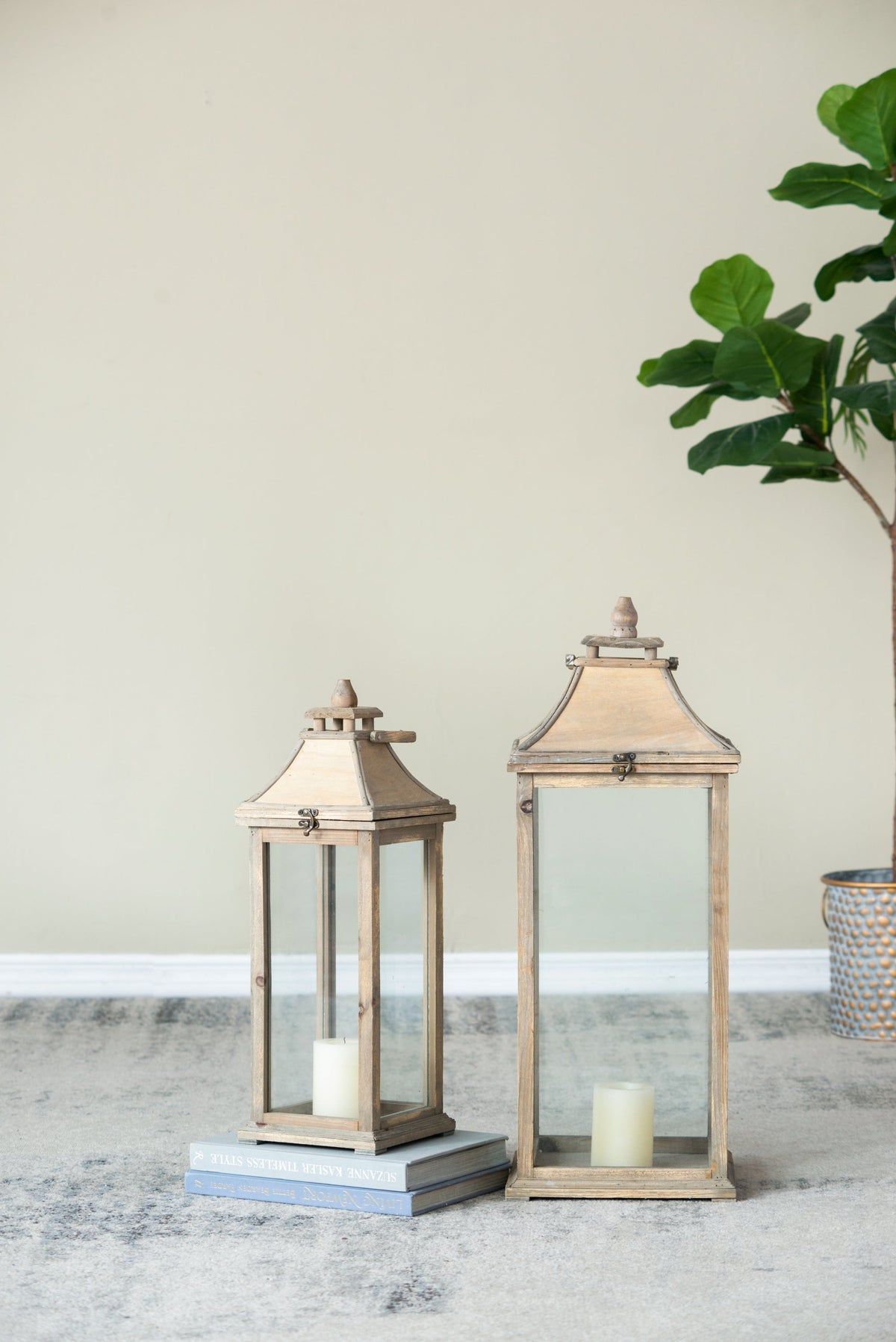 Set of 2 Ivory Wood & Glass Candle Lanterns