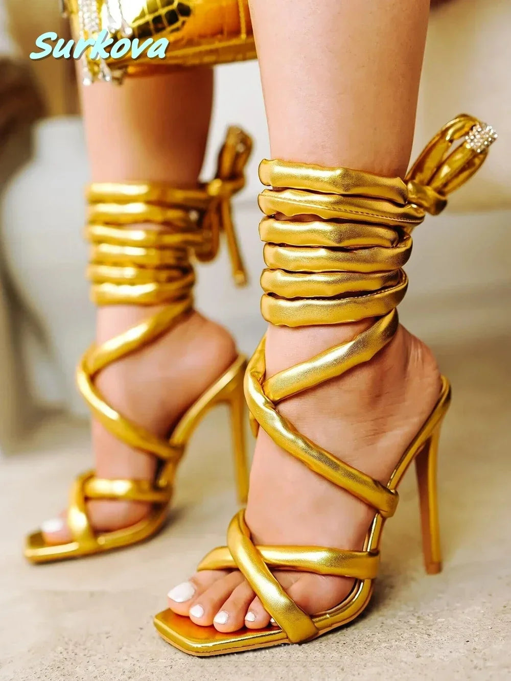 Ankle Wrap Sandals Square Open Toe Thin High Heels Summer Fashion Solid Strappy Stilettos Street Style Party Dress Women's Shoes