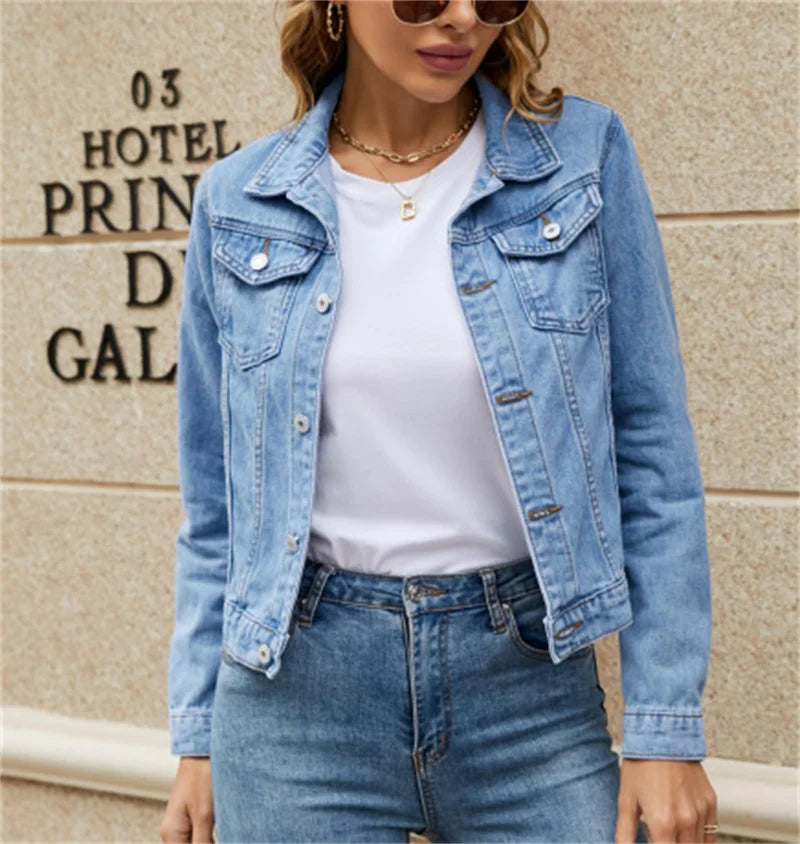 New Women Short Denim Jackets Fashion Female Casual Long Sleeve Lapel Solid Button Pocket Slim Jean Jacket Fall Winter Coat