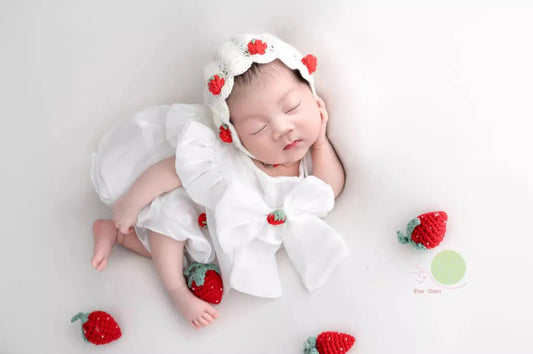 ❤️Baby Girl Photography Clothing Knit Hat+Dress+Strawberry Infant Photo Props Accessories Studio Shoot Clothes Outfits