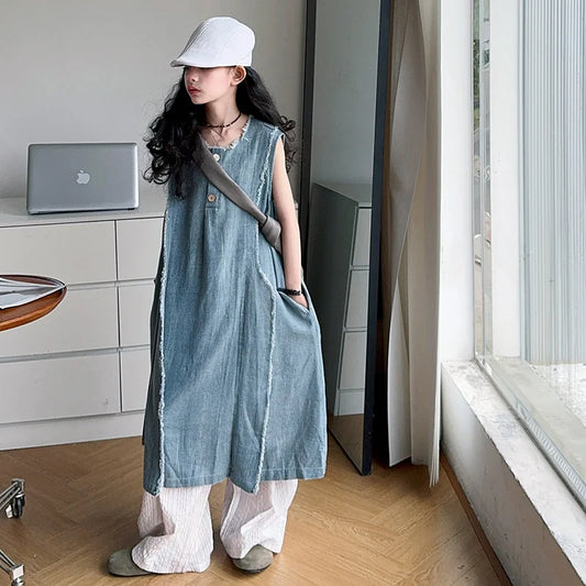 Loose Style Kids Luxury Summer Denim Dresses for Teenage Girl High Fashion Street Outfits Children Casual Sleeveless Jeans Dress