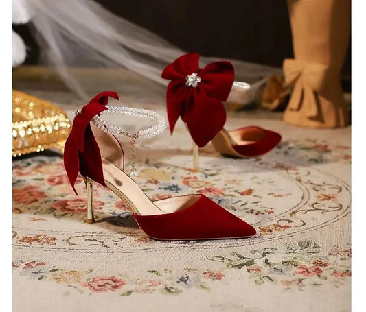 Elegant Women Heel Shoes High Heels Pumps Sexy Stilettos Wedding Shoes Bride Heels Red White Bowknot Footwear